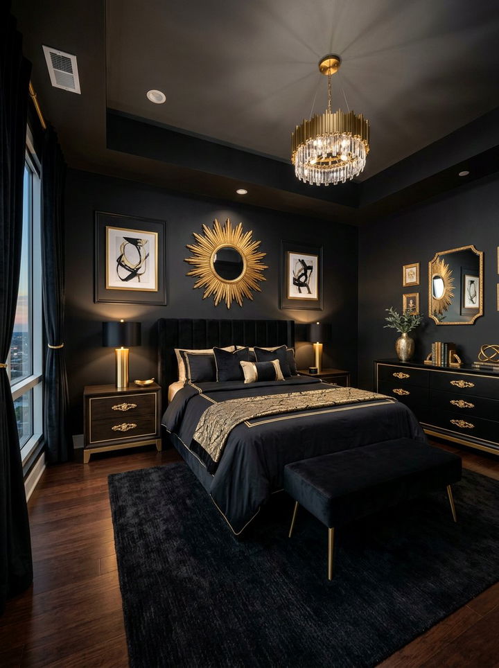 Black Bedroom With Gold Decor - 30 all black bedroom ideas