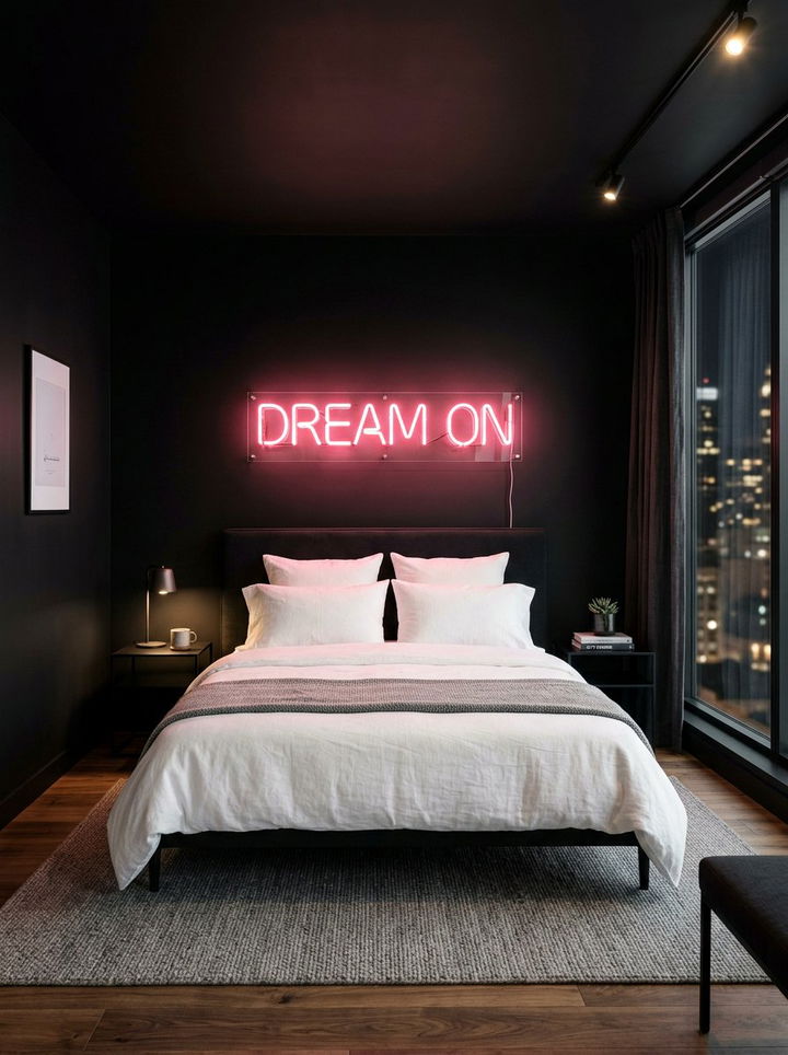 Black Bedroom With Neon Sign - 30 all black bedroom ideas