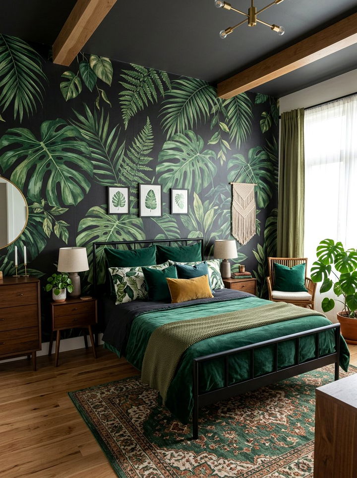 Black Botanical Print Boho Bedroom - 30 bohemian black bedroom ideas