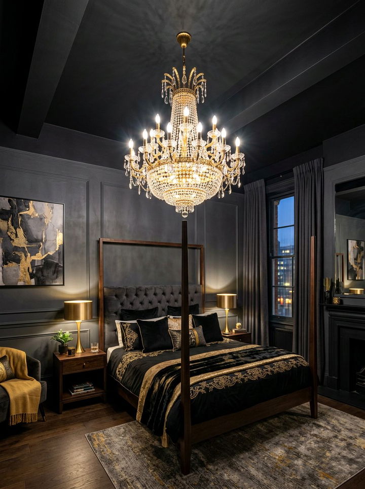 Black Ceiling Gold Chandelier Bedroom - 30 black and gold bedroom ideas