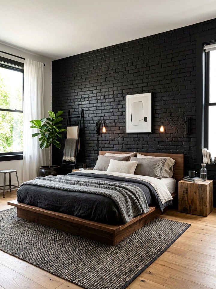 Black Exposed Brick Wall - 30 industrial black bedroom ideas