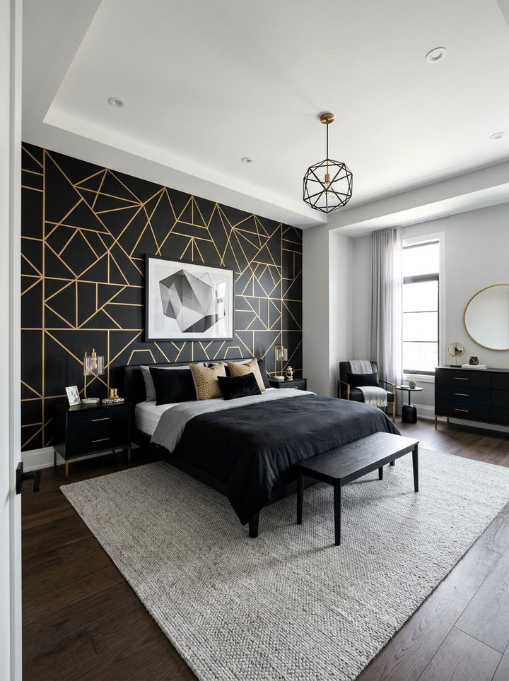 Black Geometric Pattern Bedroom - 30 all black bedroom ideas