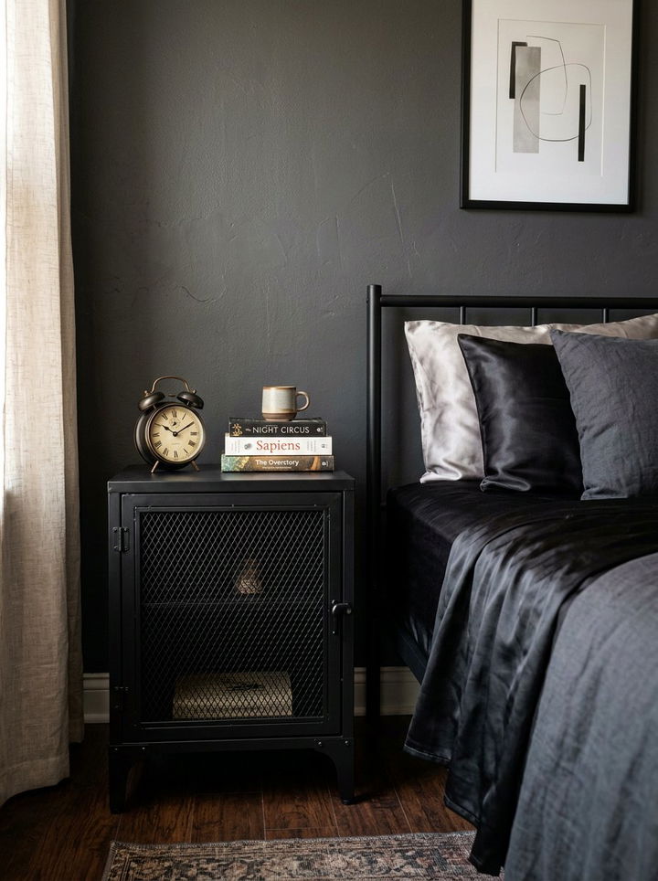 Black Metal Nightstand - 30 industrial black bedroom ideas