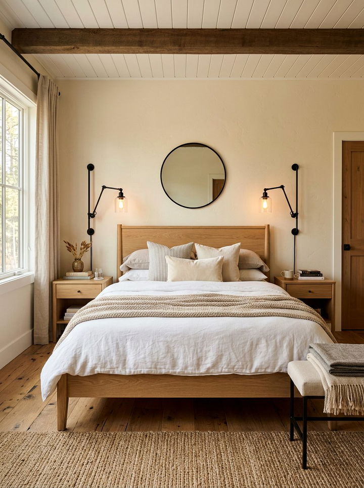 Black Metal Sconce - 30 farmhouse beige bedroom ideas