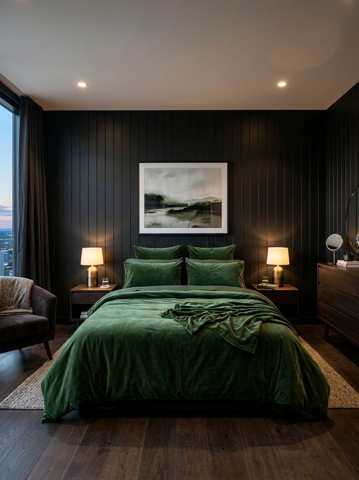 Black Paneled Wall Green Bedding - 30 forest green and black bedroom ideas
