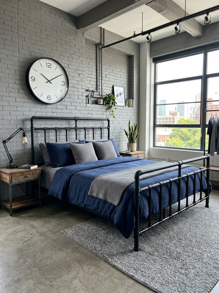 Black Pipe Bed Frame - 30 industrial navy bedroom ideas