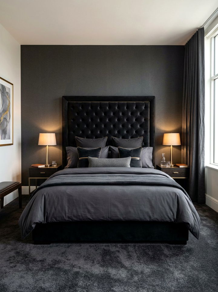 Black Velvet Headboard - 30 all black bedroom ideas