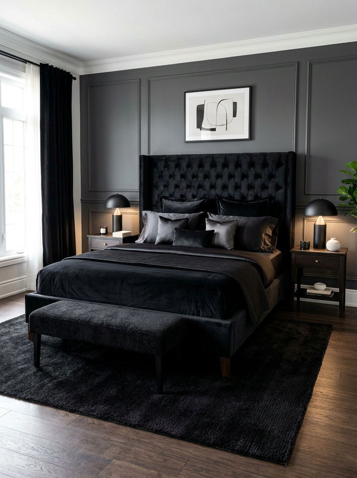 Black Velvet Upholstered Bed - 30 dark black bedroom ideas