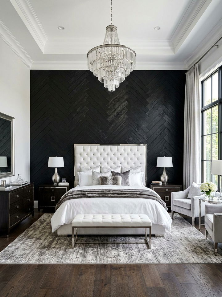 Black Wood Herringbone Wall - 30 bedroom herringbone wall ideas