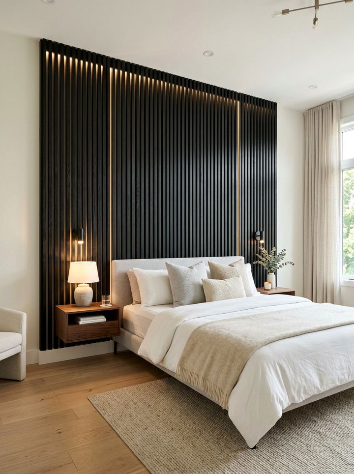 Black Wood Slat Wall - 30 modern black bedroom ideas