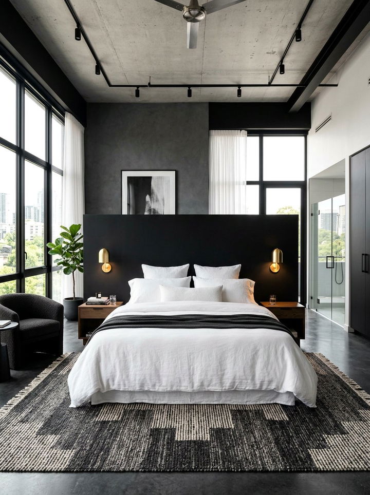 Black accent pony wall for modern bedroom - 30 bedroom pony wall ideas