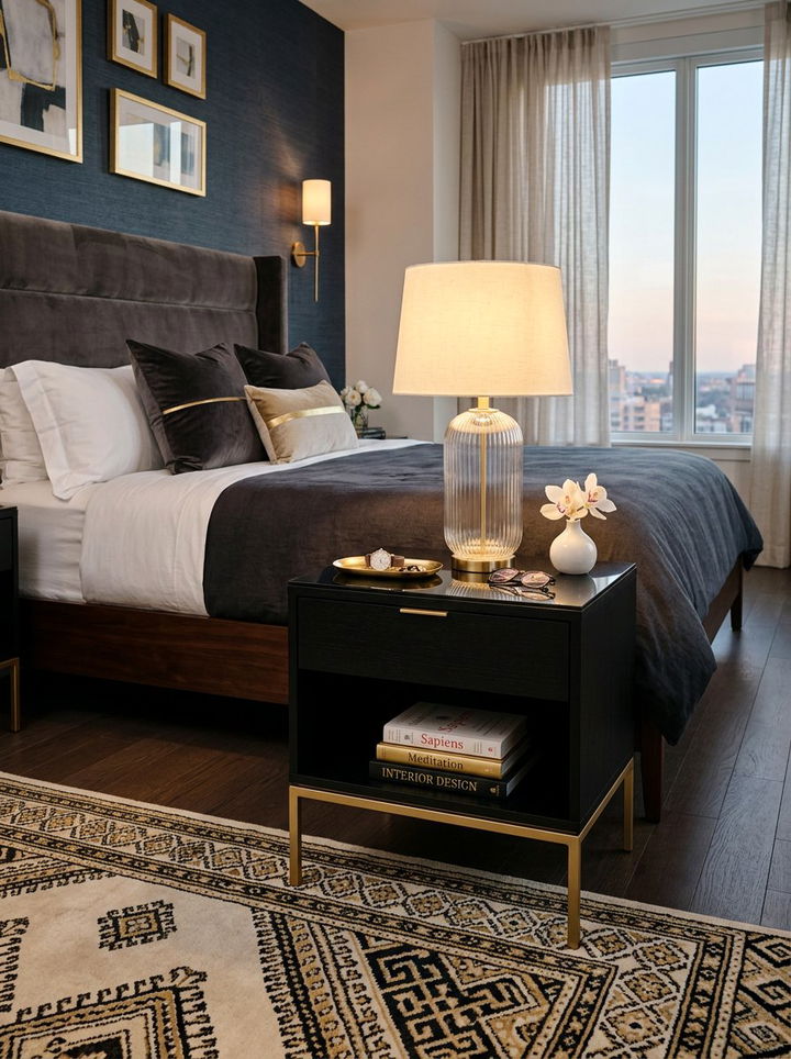 Black and Gold Nightstand - 30 mid-century glam bedroom ideas
