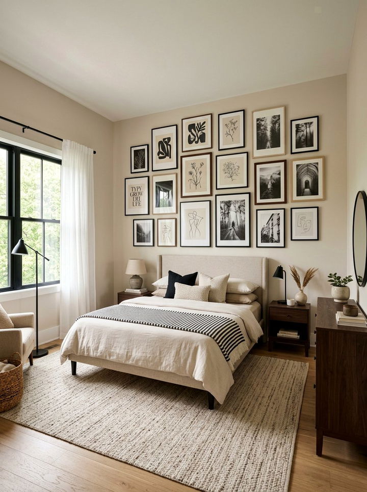 Black and beige bedroom with gallery wall - 30 black and beige bedroom color combo
