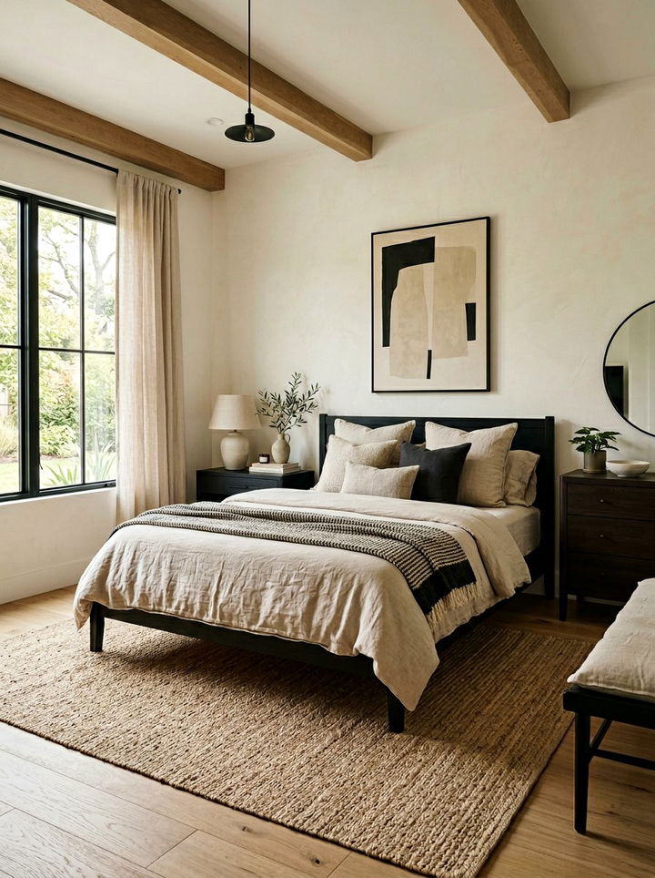 Black and beige bedroom with linen bedding - 30 black and beige bedroom color combo