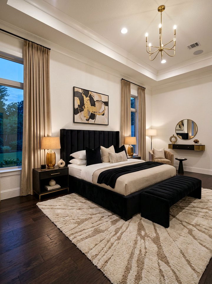 Black and beige bedroom with velvet furniture - 30 black and beige bedroom color combo