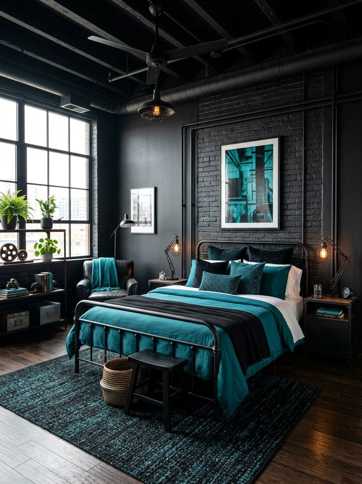 Black and teal industrial bedroom - 30 industrial teal bedroom ideas