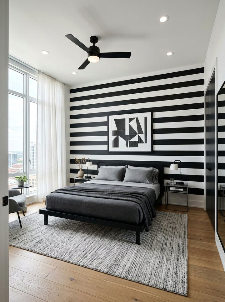Black and white horizontal stripe - 30 bedroom striped wallpapers