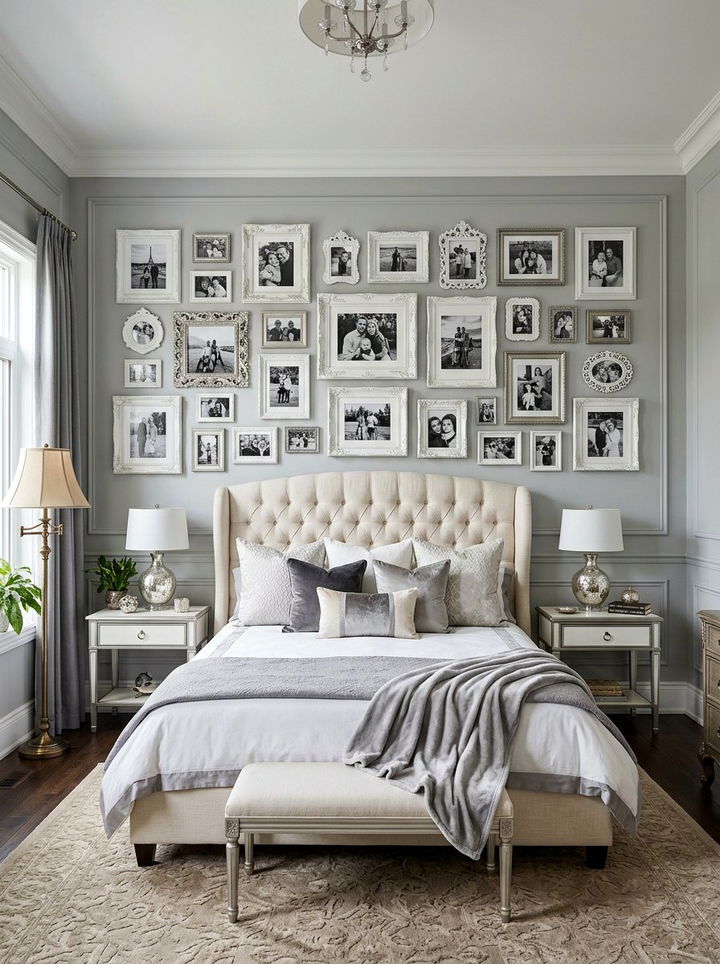 Black and white photo collage - 30 bedroom memory wall ideas