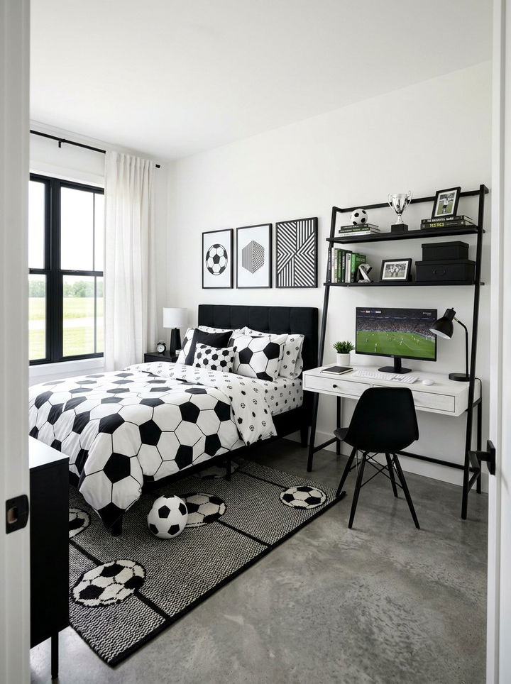 Black and white soccer room - 30 soccer bedroom ideas