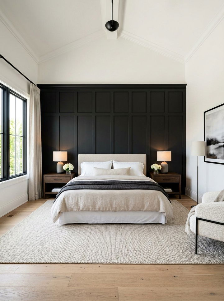 Black board and batten bedroom - 30 farmhouse black bedroom ideas