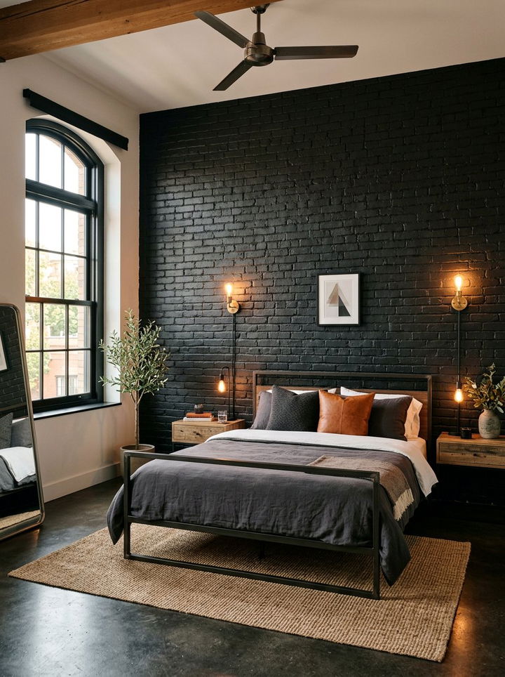 Black brick wall bedroom - 30 moody bedroom ideas
