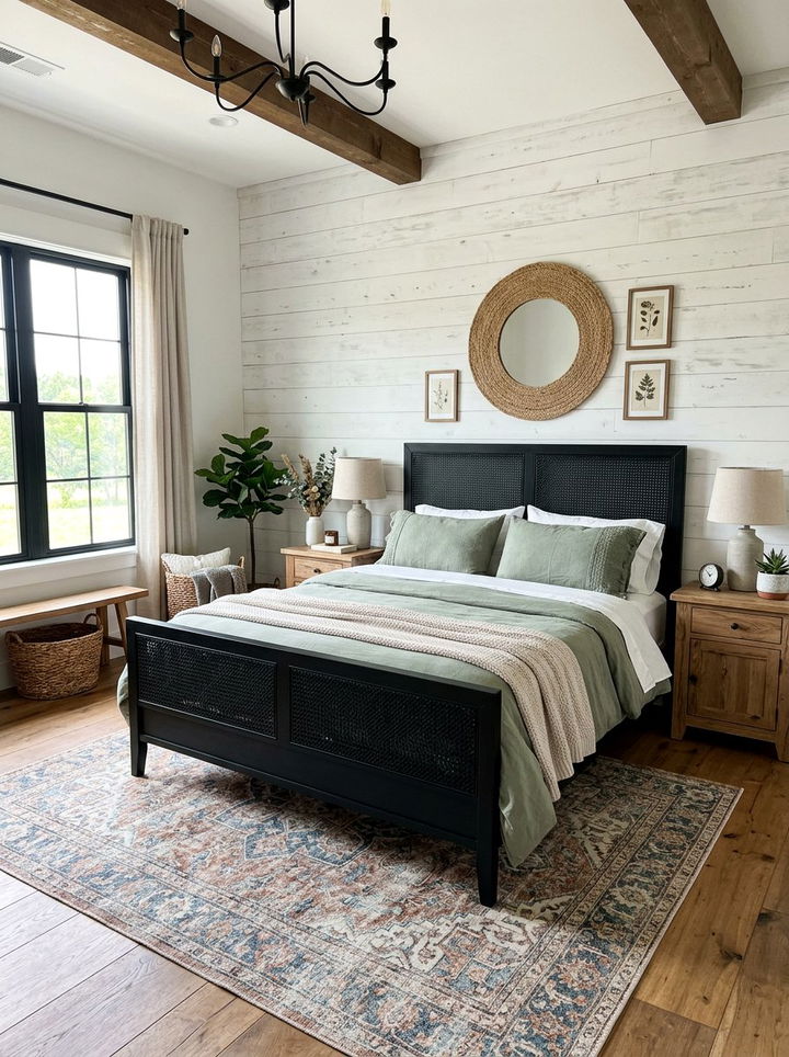 Black cane bed farmhouse bedroom - 30 farmhouse black bedroom ideas