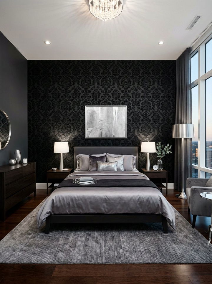 Black damask wallpaper - 30 bedroom damask wallpapers