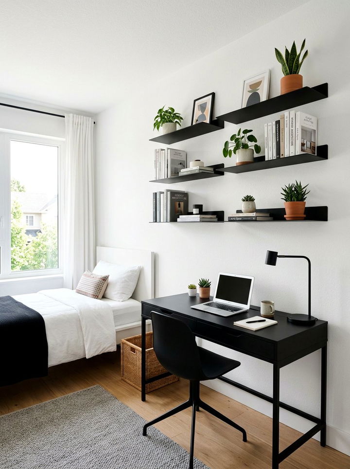 Black floating shelves bedroom storage - 30 bedroom black furniture ideas