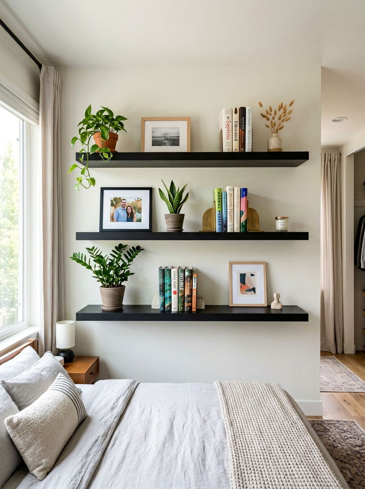 Black floating shelves - 30 black bedroom furniture ideas