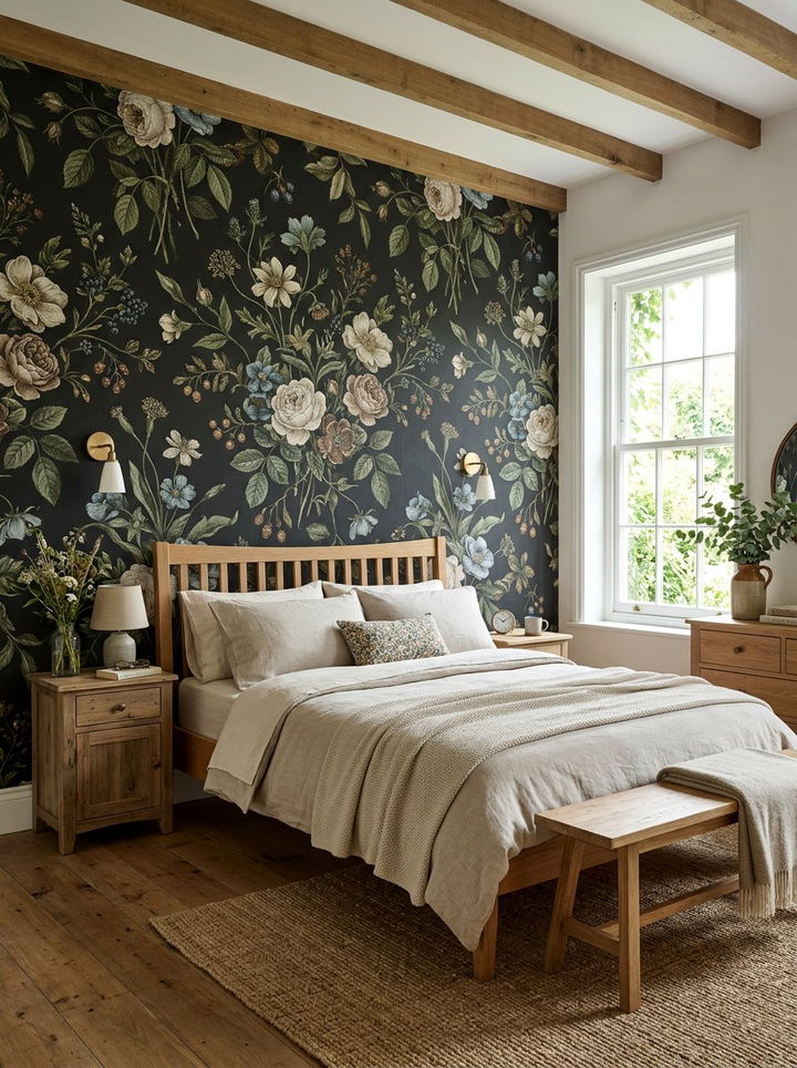 Black floral wallpaper farmhouse bedroom - 30 farmhouse black bedroom ideas
