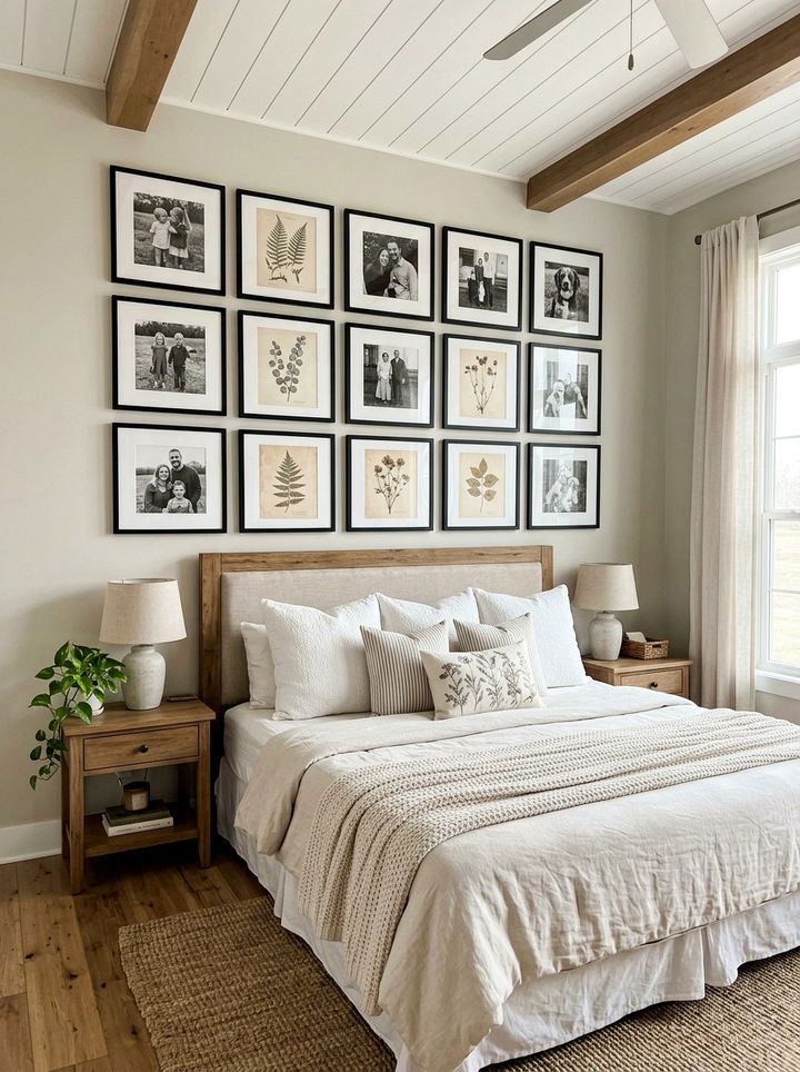 Black framed gallery wall farmhouse bedroom - 30 farmhouse black bedroom ideas