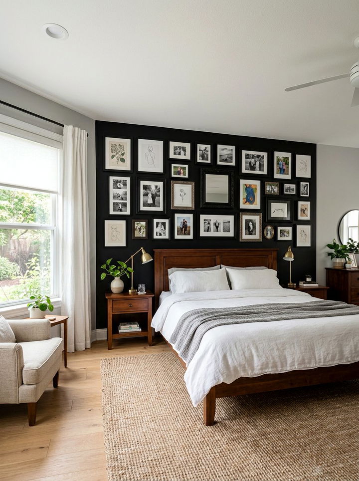 Black gallery wall bedroom - 30 traditional black bedroom ideas