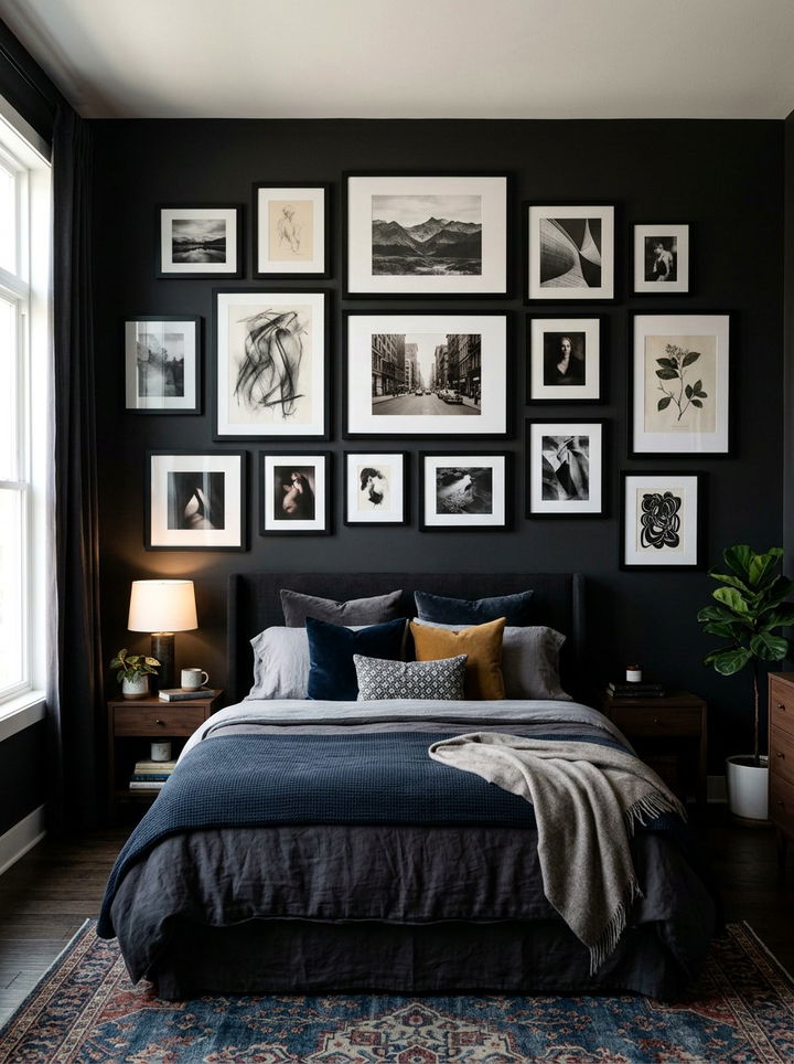 Black gallery wall bedroom - 30 scandinavian black bedroom ideas