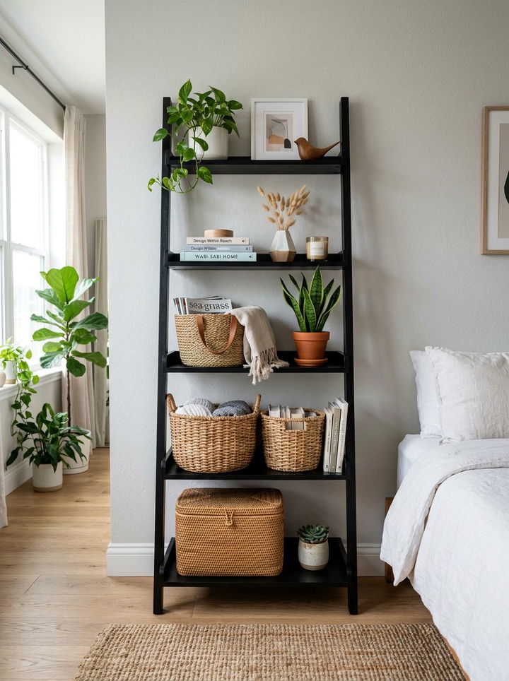 Black ladder shelf - 30 black bedroom furniture ideas