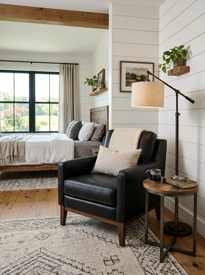 Black leather chair farmhouse bedroom - 30 farmhouse black bedroom ideas