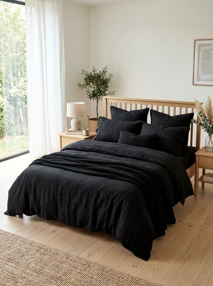 Black linen bedding bedroom - 30 scandinavian black bedroom ideas