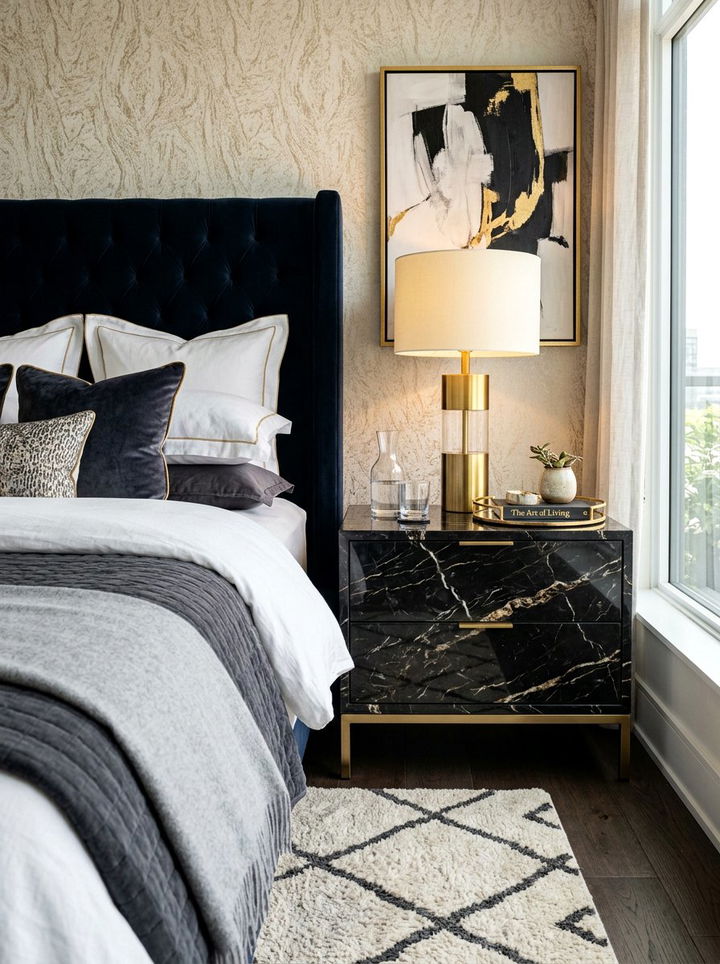 Black marble nightstand - 30 black bedroom furniture ideas