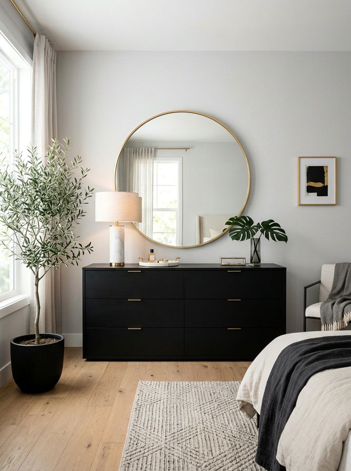 Black matte dresser with gold rimmed mirror - 30 bedroom dresser with mirror ideas