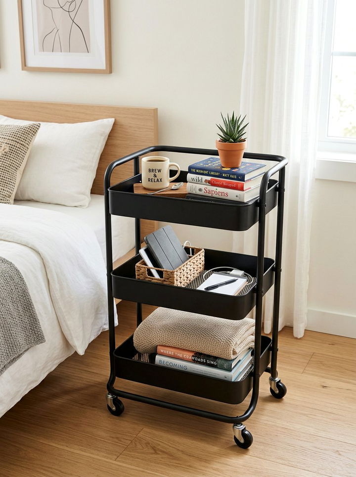 Black rolling cart - 30 black bedroom furniture ideas