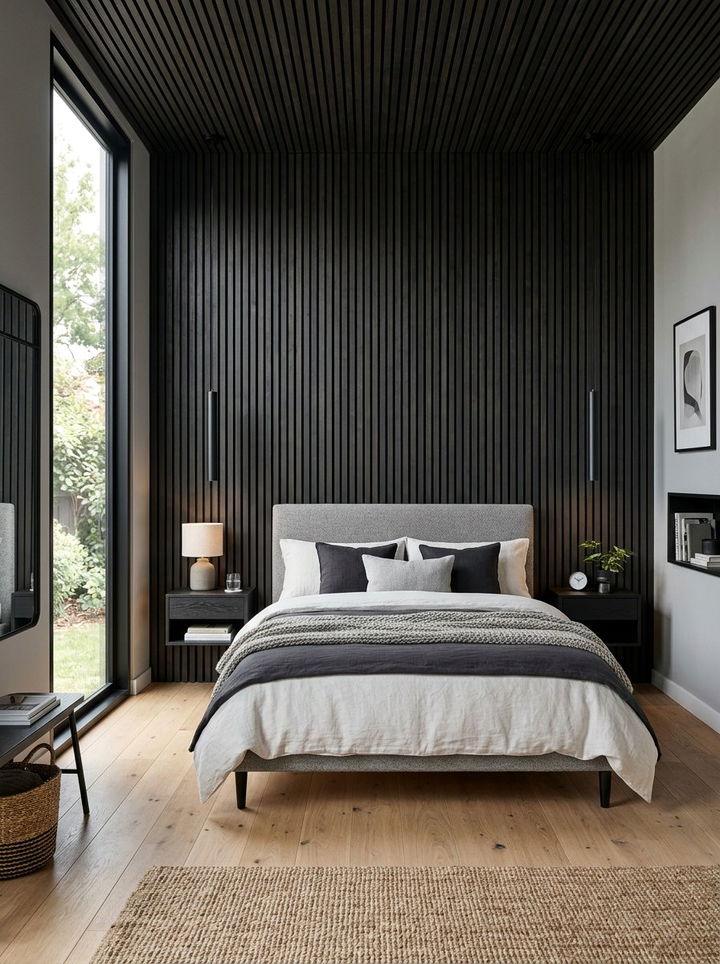 Black slatted wood wall bedroom - 30 scandinavian black bedroom ideas