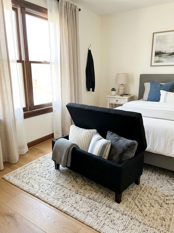 Black storage ottoman - 30 black bedroom furniture ideas