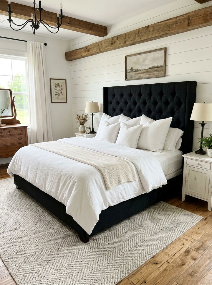 Black upholstered headboard farmhouse - 30 farmhouse black bedroom ideas