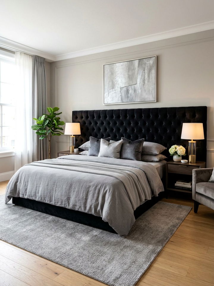Black velvet headboard - 30 black bedroom furniture ideas