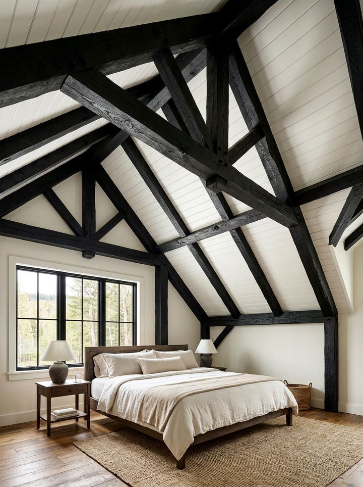 Black wood ceiling beams farmhouse - 30 farmhouse black bedroom ideas