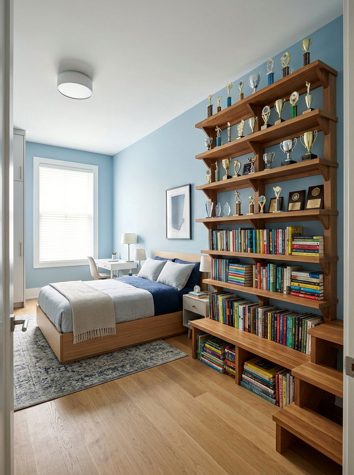 Bleacher Style Shelving - 30 football bedroom ideas