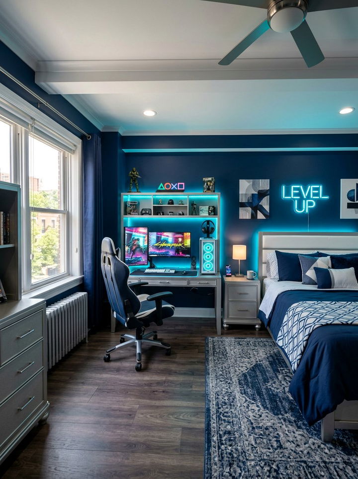 Blue Accent Gaming Bedroom - 30 gamer setup bedroom ideas