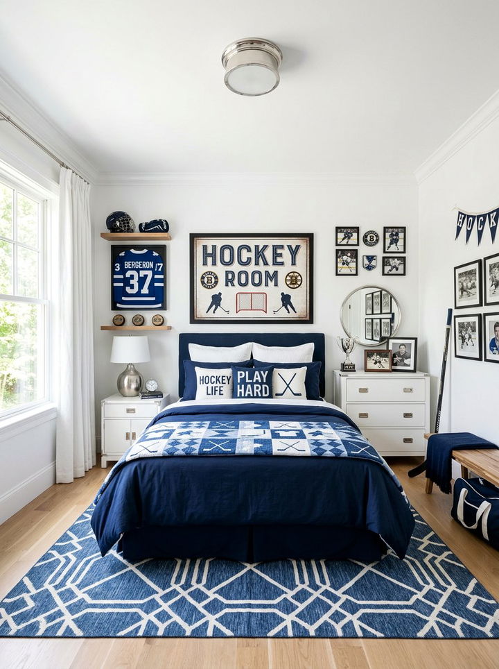 Blue And White Hockey Room - 30 hockey bedroom ideas