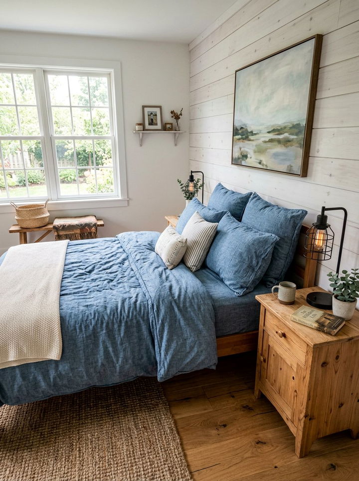 Blue Chambray Farmhouse Bedding - 30 farmhouse blue bedroom ideas