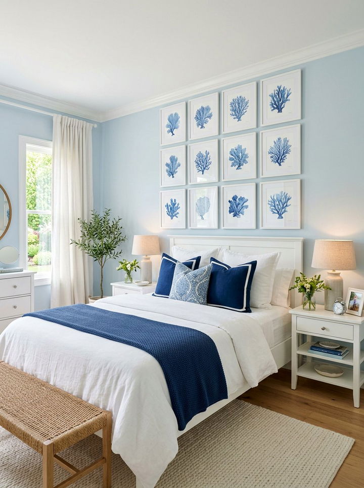 Blue Coral Print Decor - 30 coastal navy bedroom ideas