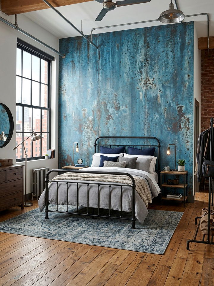 Blue Distressed Wallpaper Bedroom - 30 industrial blue bedroom ideas